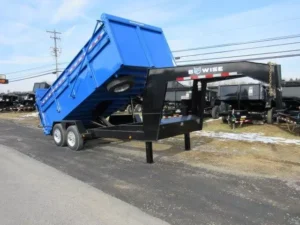 A black BWise 7x16 heavy-duty gooseneck dump trailer shown from a three-quarter angle, highlighting its robust steel frame, tandem axles, and hydraulic lift system.